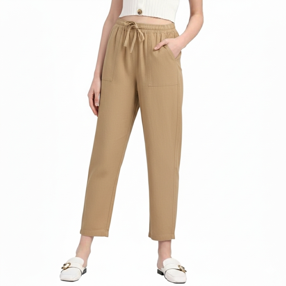 Women's 1X MEOMUA Linen Cropped High Rise Wide Straight Leg Tan Pants Loose Fit